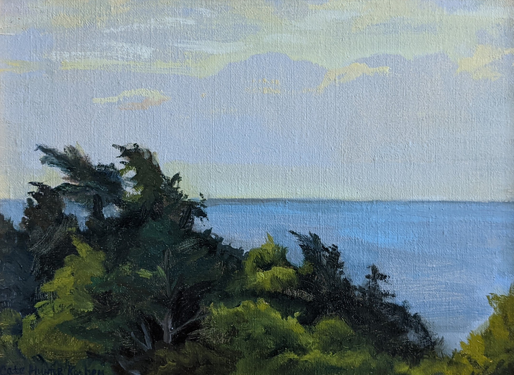 Painting of a tree with the ocean in the distance