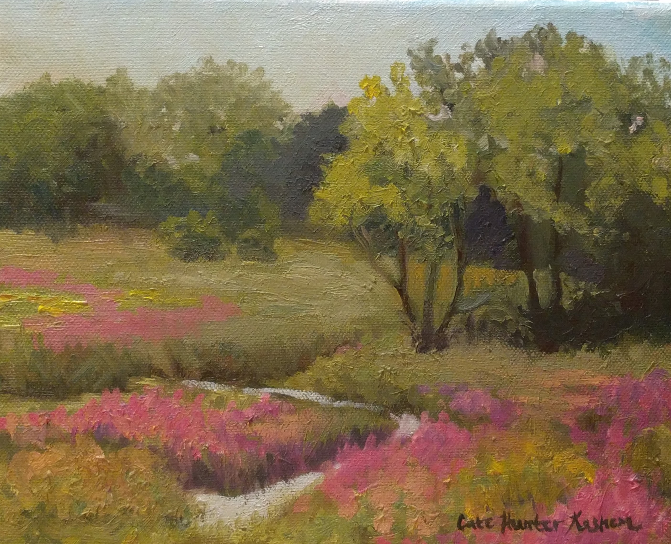 Painting of a stream in a field